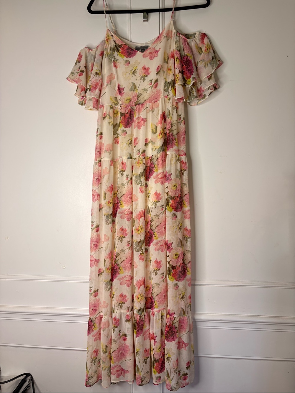 Highline collective Floral Cold-Shoulder Maxi Dress in Cream and Pink